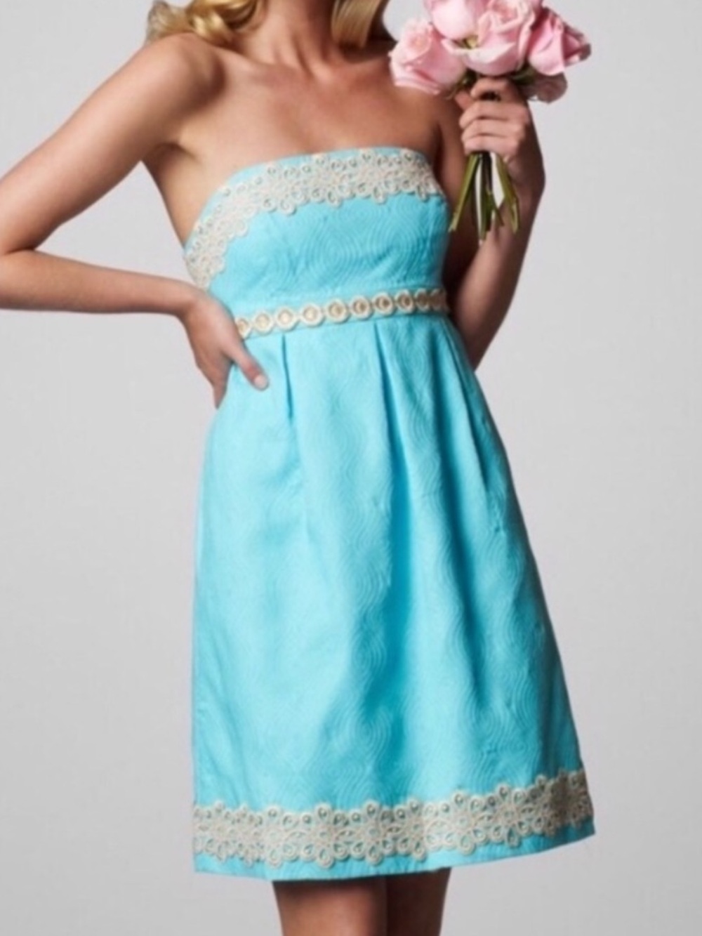 Lilly Pulitzer Betsey Strapless Mini Dress In Shortfly Blue and Gold Sz 8